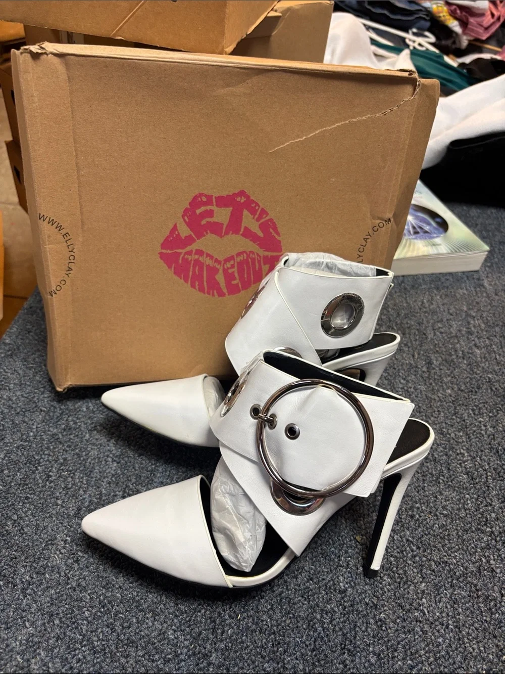 Elly Clay White Pointed Stiletto Mules with Oversized Silver Buckle